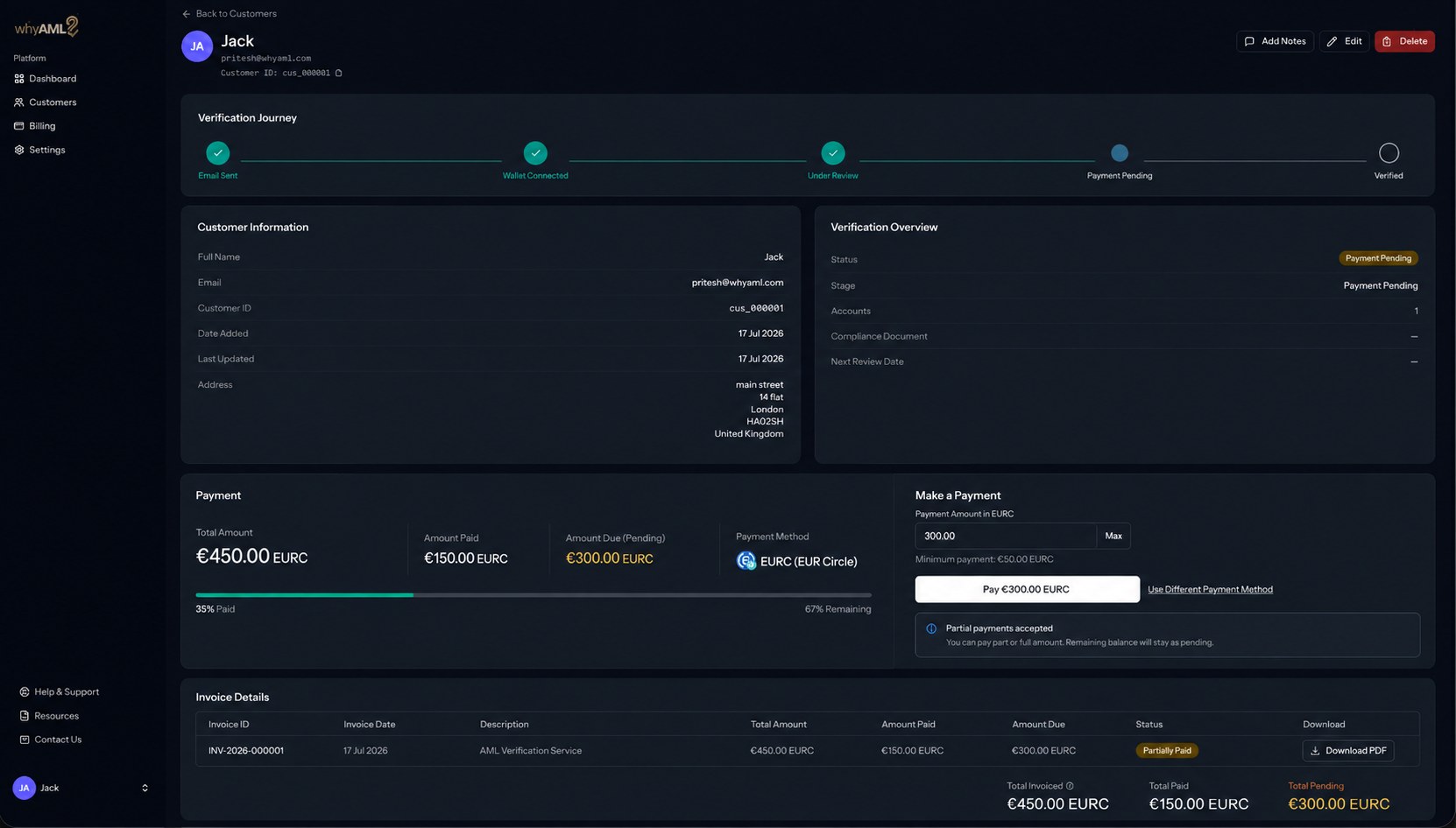 WhyAML customer record showing the verification journey, the invoice part paid in EURC, and the remaining balance pending