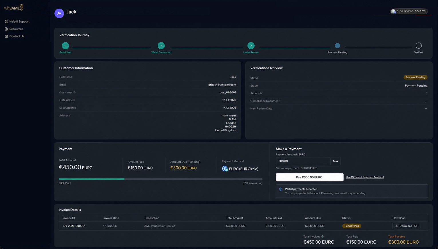 WhyAML customer record showing the verification journey, the invoice part paid, and the remaining balance pending