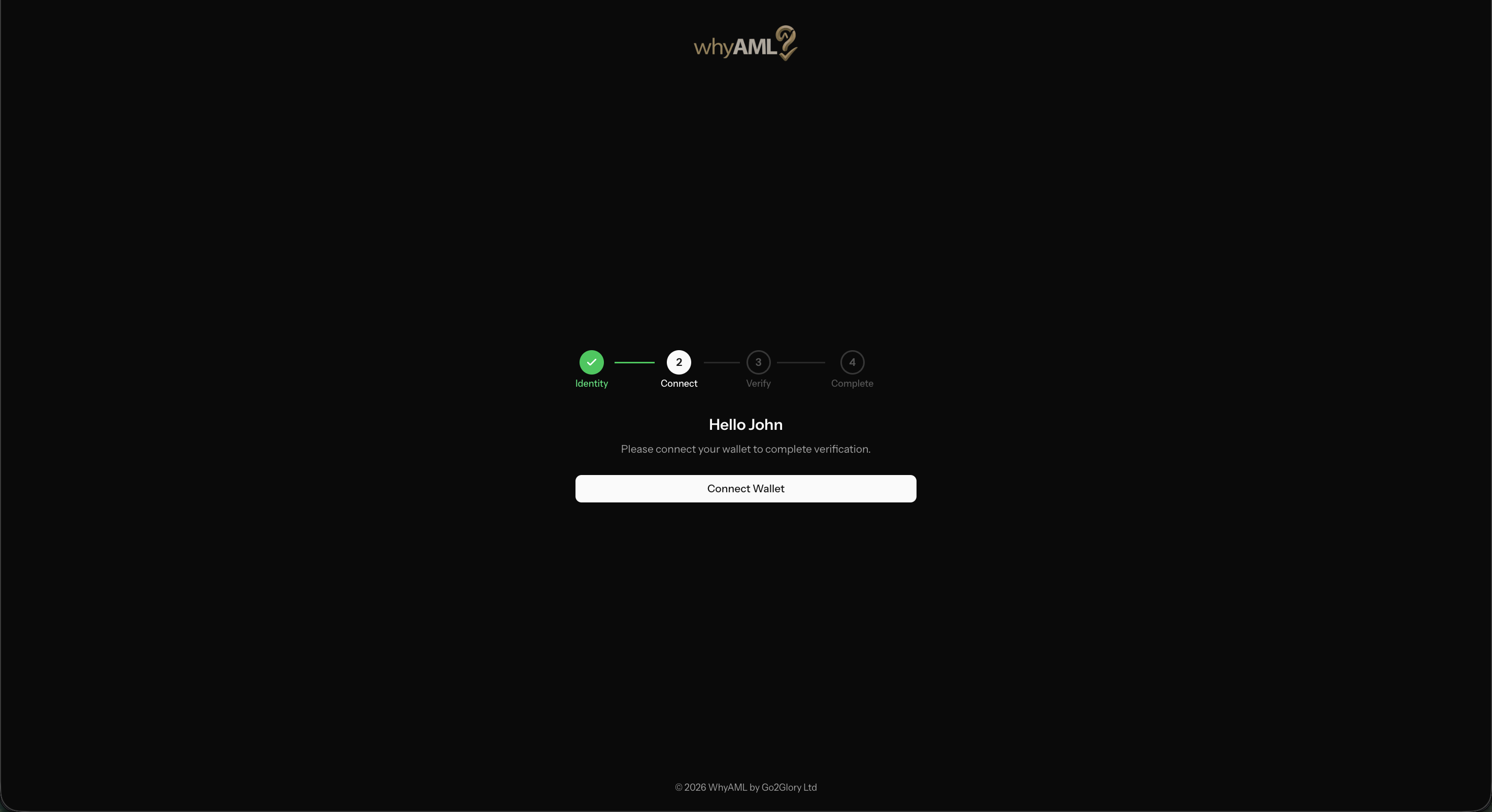 WhyAML customer-side wallet connection screen showing supported institutions including Coinbase, Kraken, and major banks