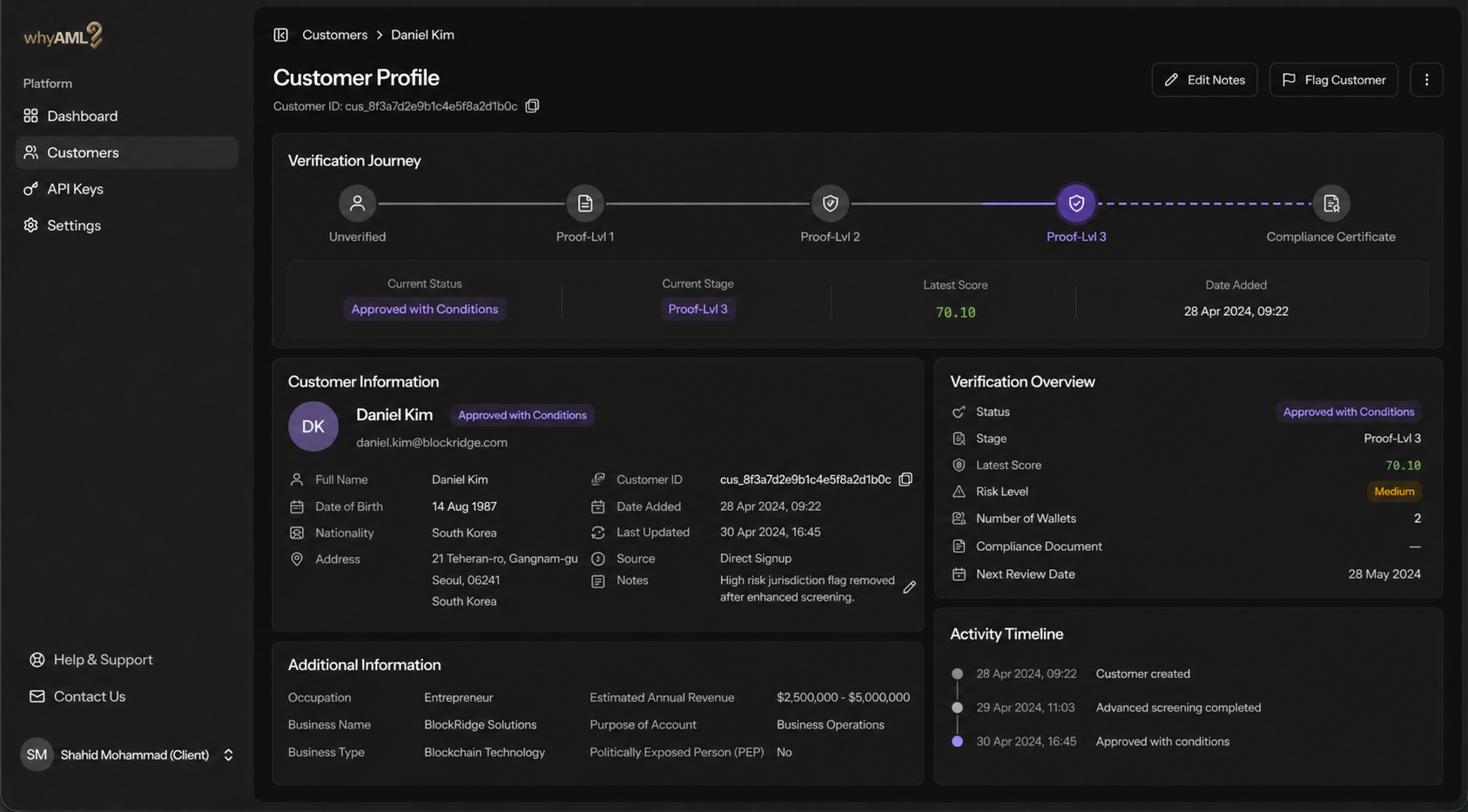 WhyAML customer profile for Daniel Kim showing verification journey, customer information, verification overview and activity timeline