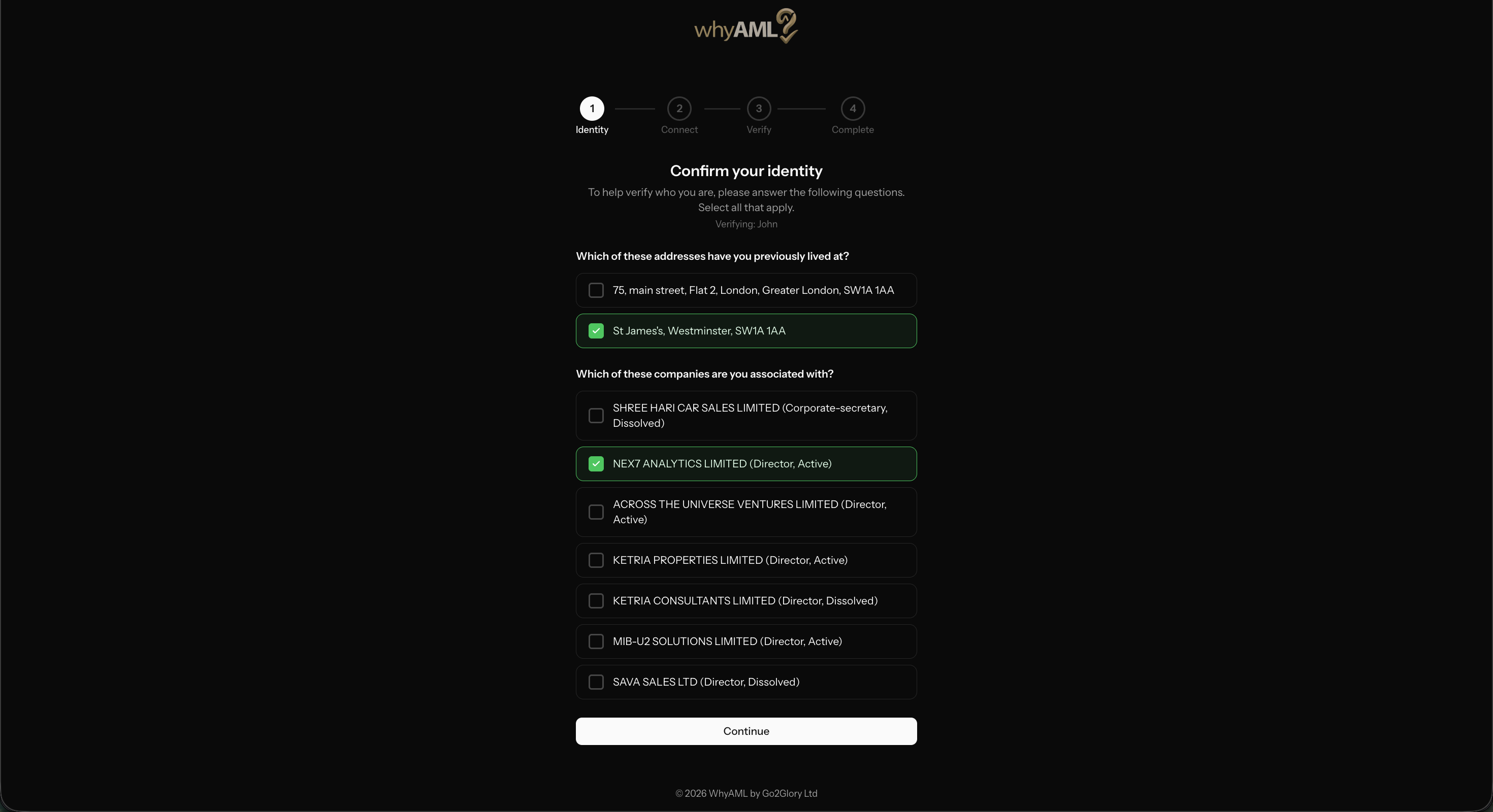 WhyAML customer-side verification screen showing knowledge-based identity questions: previous addresses, companies the individual has been director of