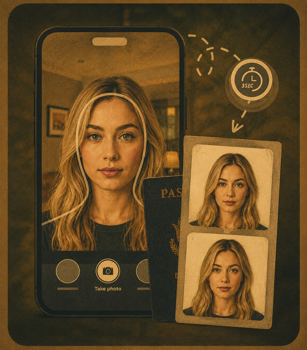 A phone photographing a passport beside printed photos - the capture WhyAML never asks for.