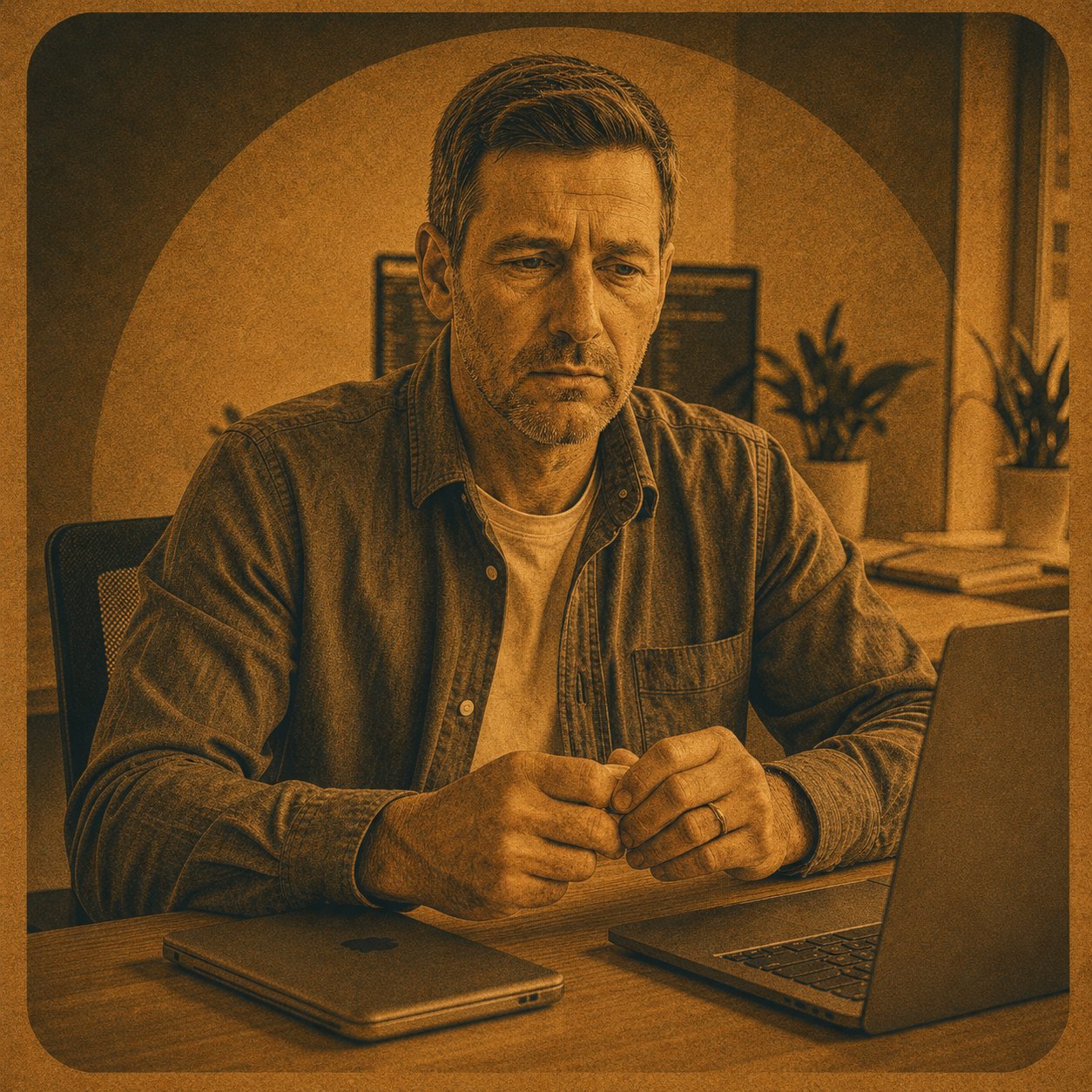 A calm client settled at his desk after verifying