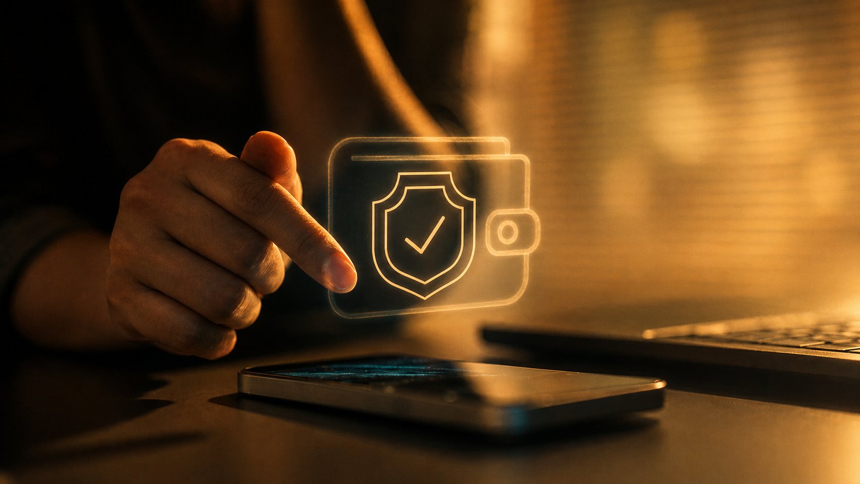 A phone with a verified wallet shield-check - opening a Tier 2 regulated exchange account