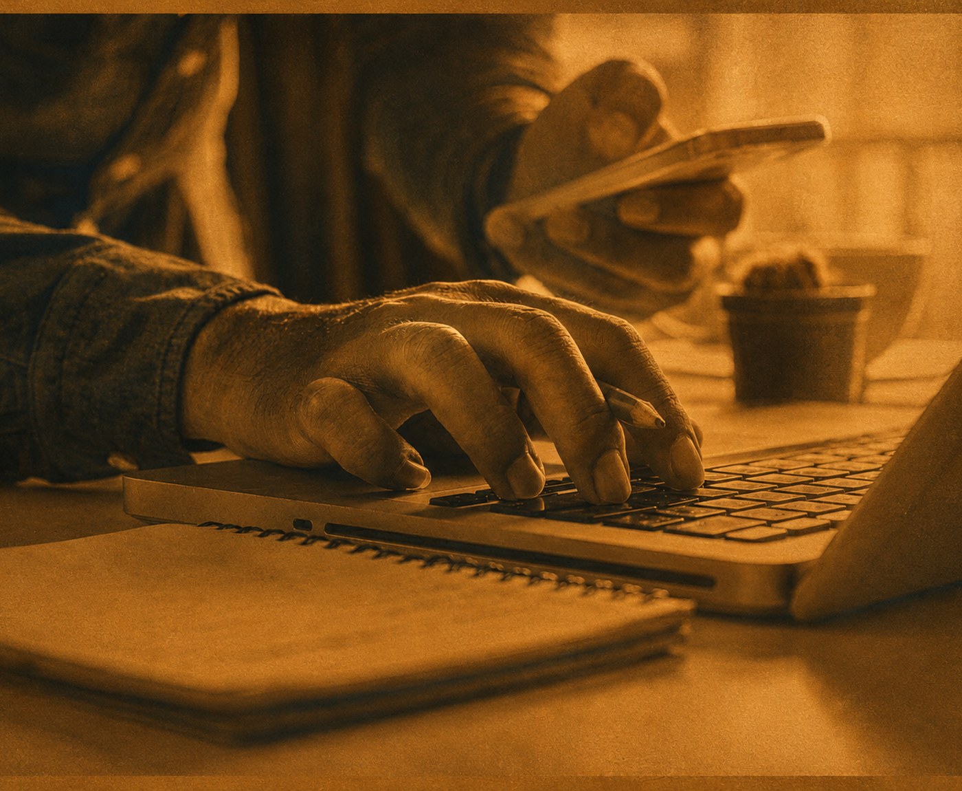 Hands at a laptop with a phone alongside, an account already verified