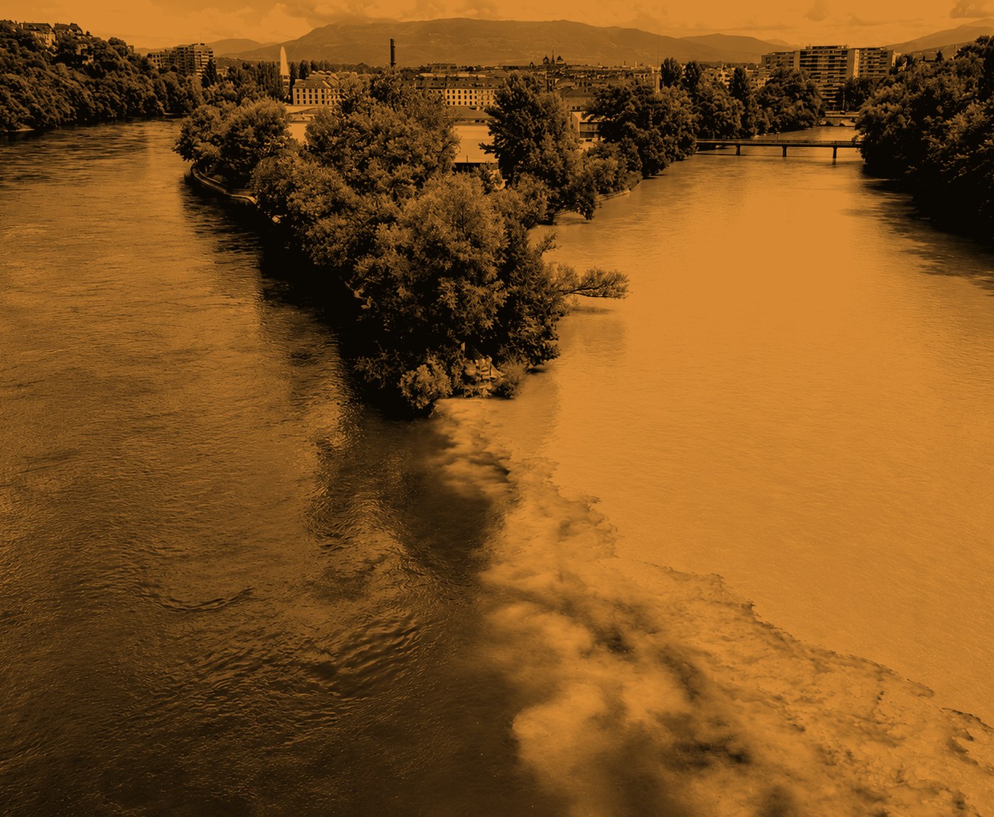 Two rivers converging into one channel, the join clearly visible