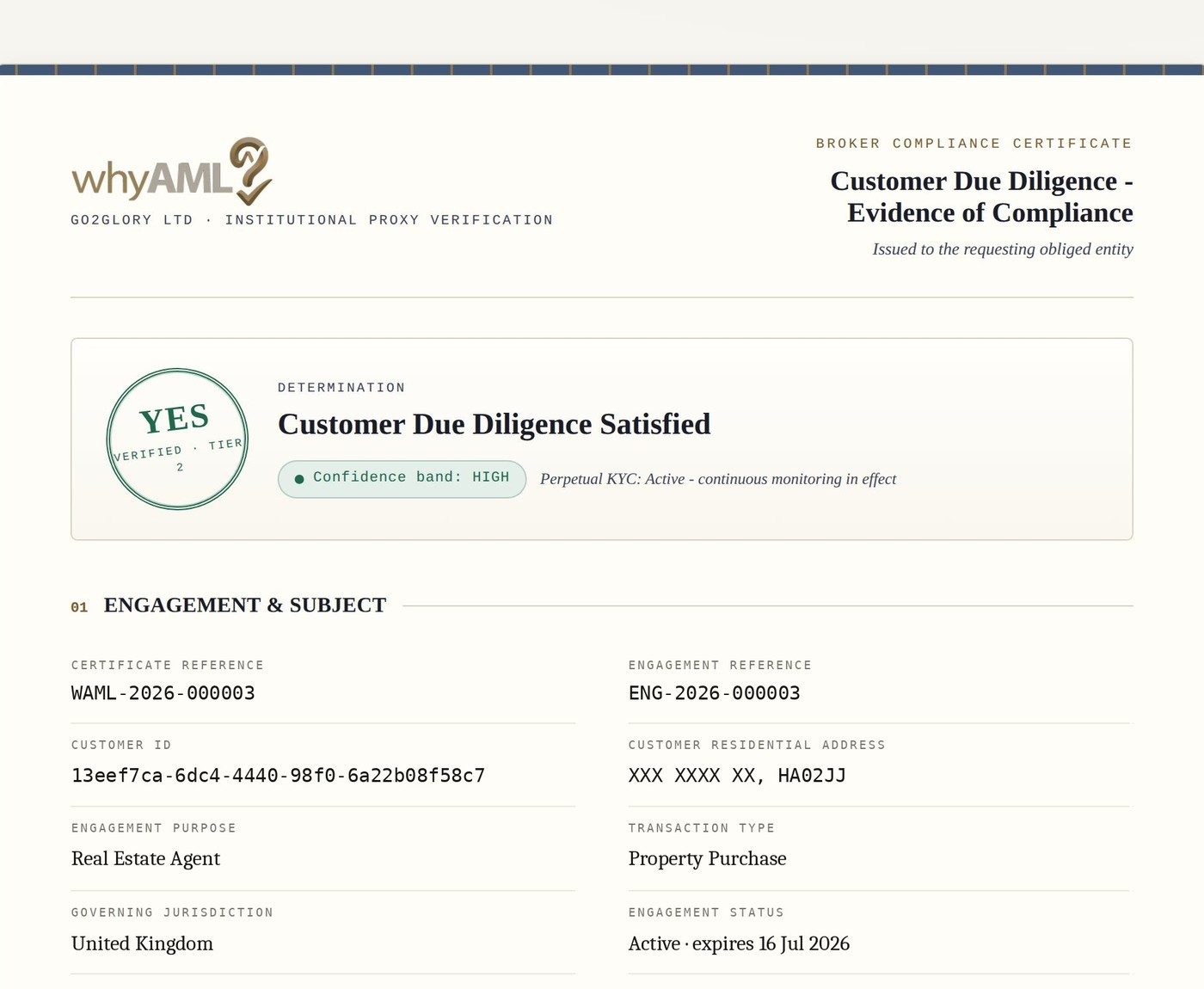 A WhyAML compliance certificate, the record that lands with the payment.