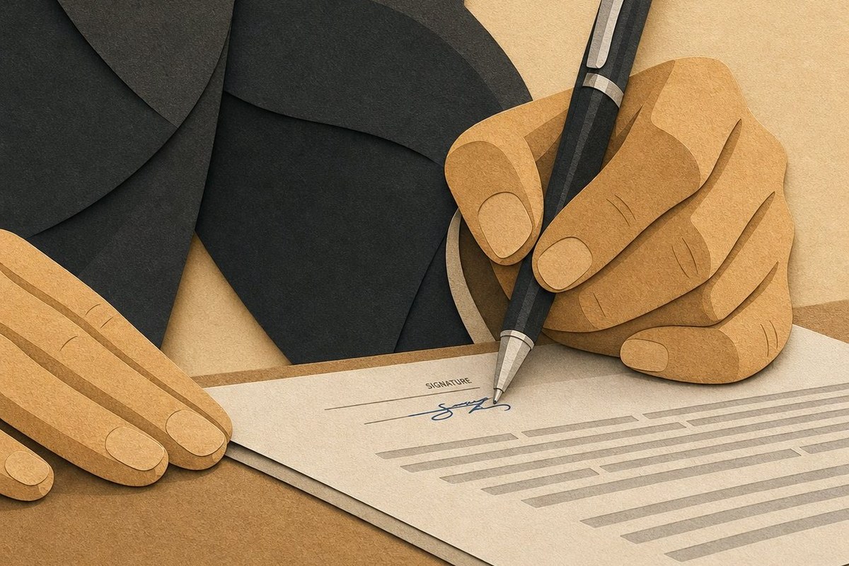 A client signing a document at engagement, once, at the start