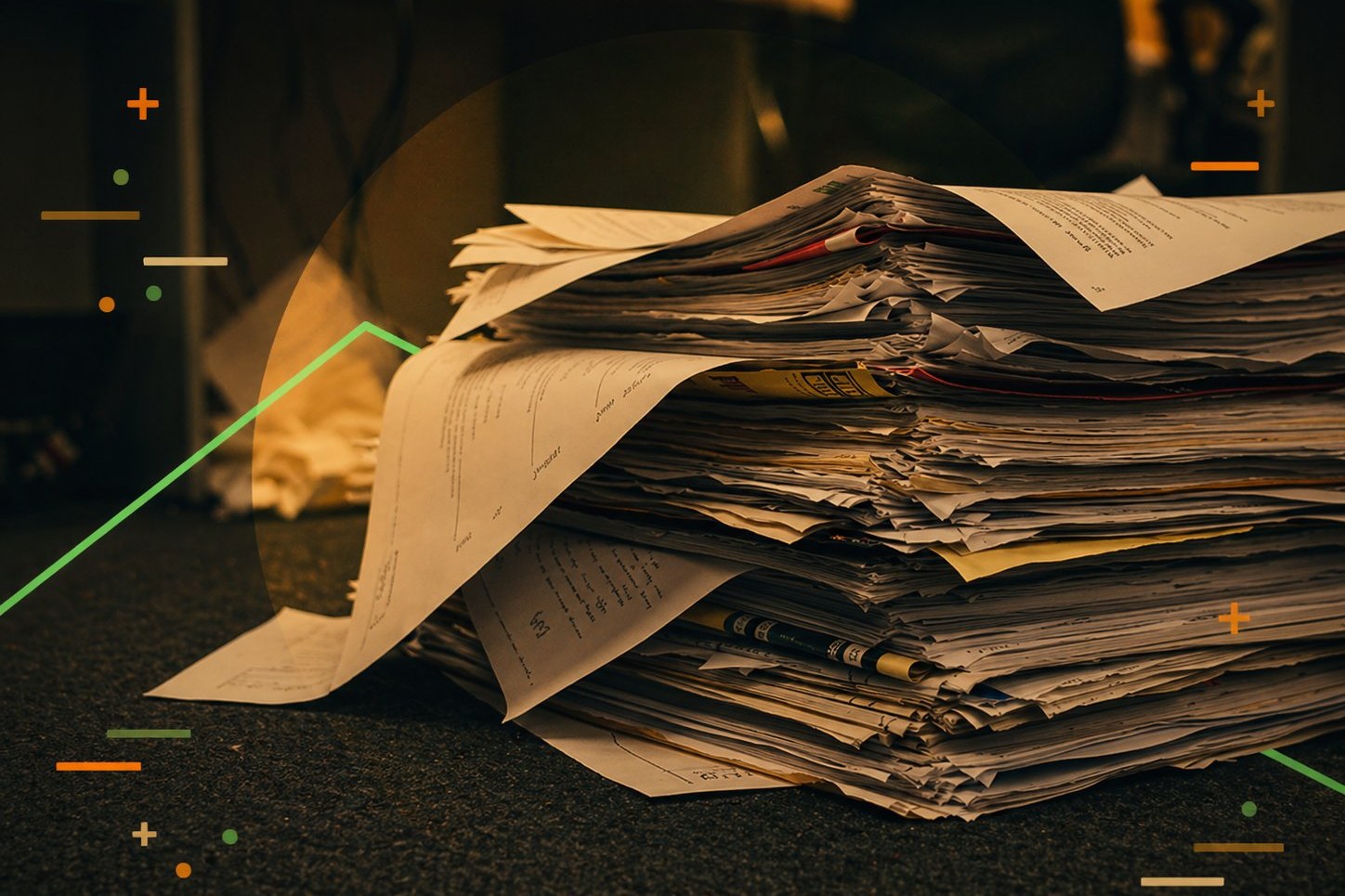A stack of loose paperwork waiting to be worked through by hand