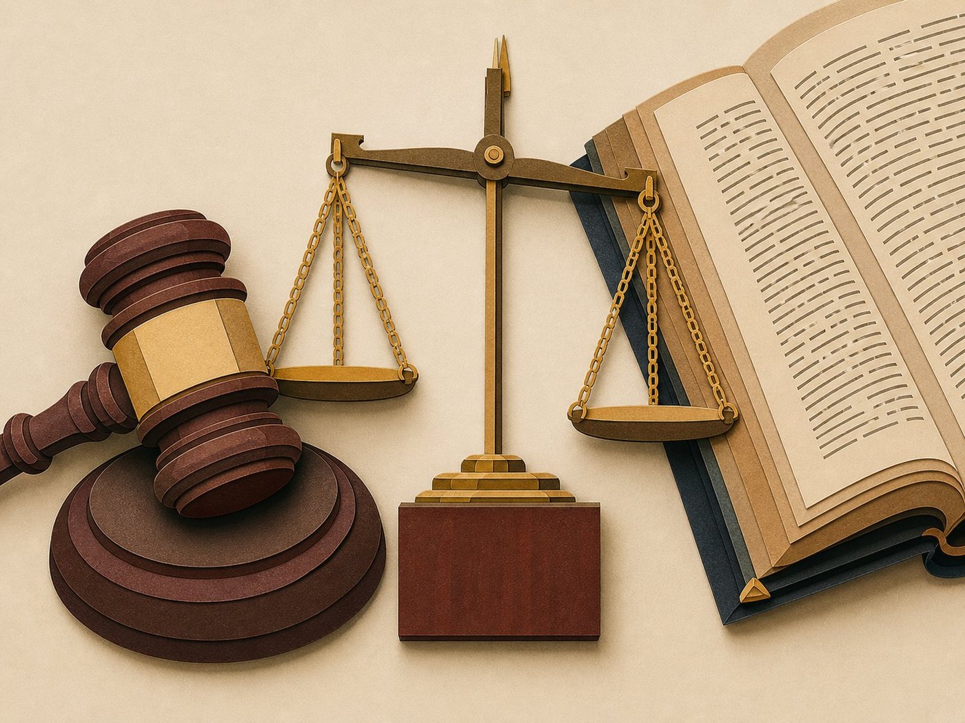 A wooden gavel, a brass set of scales, and an open law book in a paper-craft style on a cream background