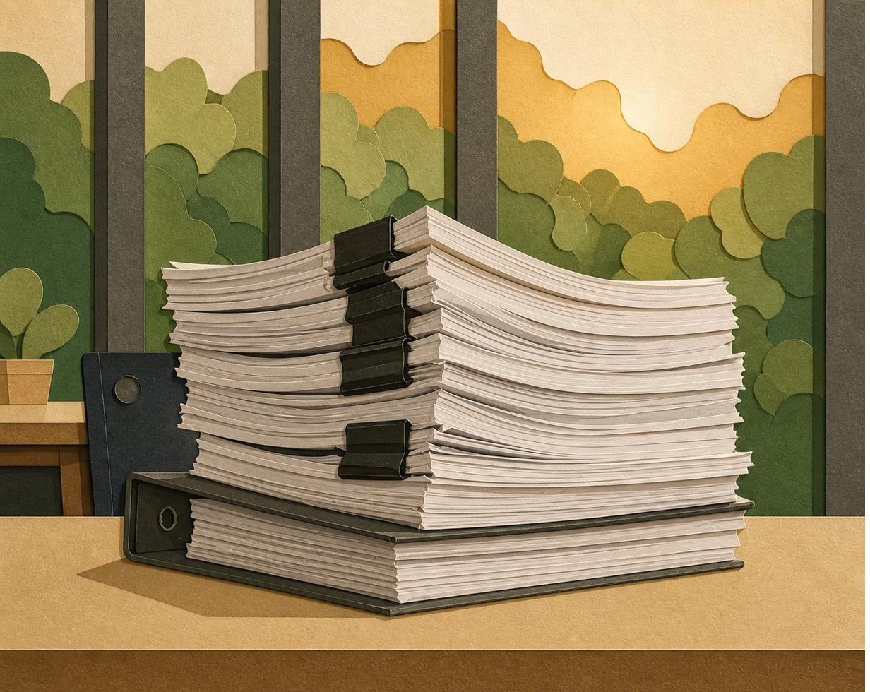 A neat stack of documents bound with bulldog clips, on top of a binder, in paper-craft style