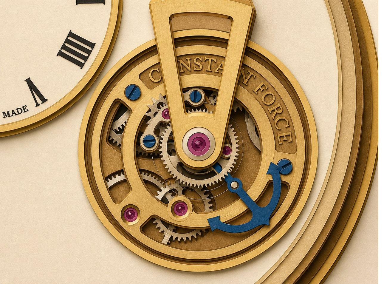 An intricate close-up of a gold watch movement with the words Constant Force visible, in paper-craft style