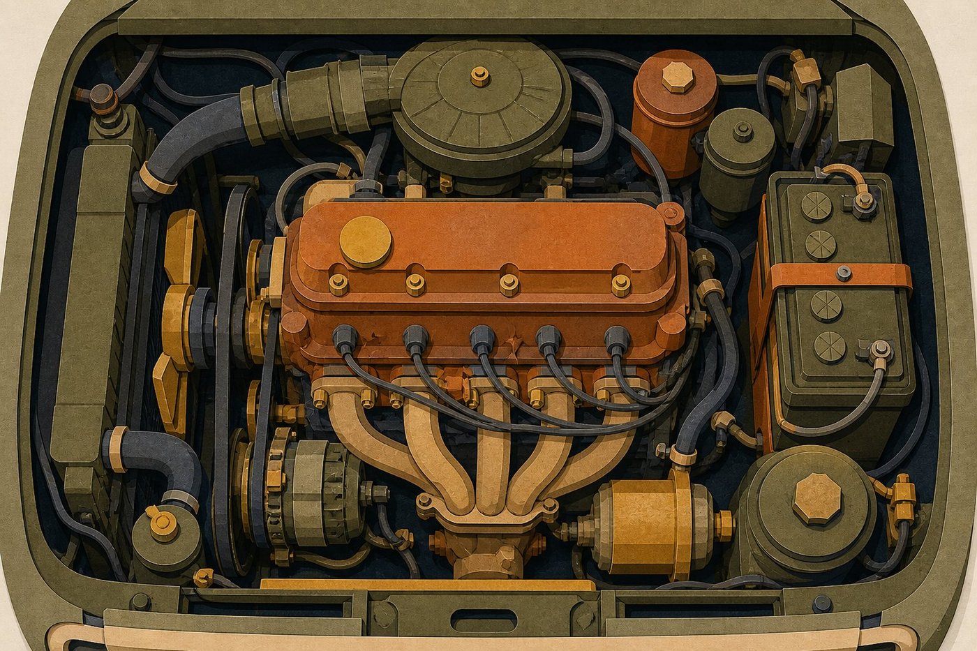 Top-down view of a car engine bay rendered in a paper-cutout illustration style, representing the growth engine of the UK economy driven by small firms