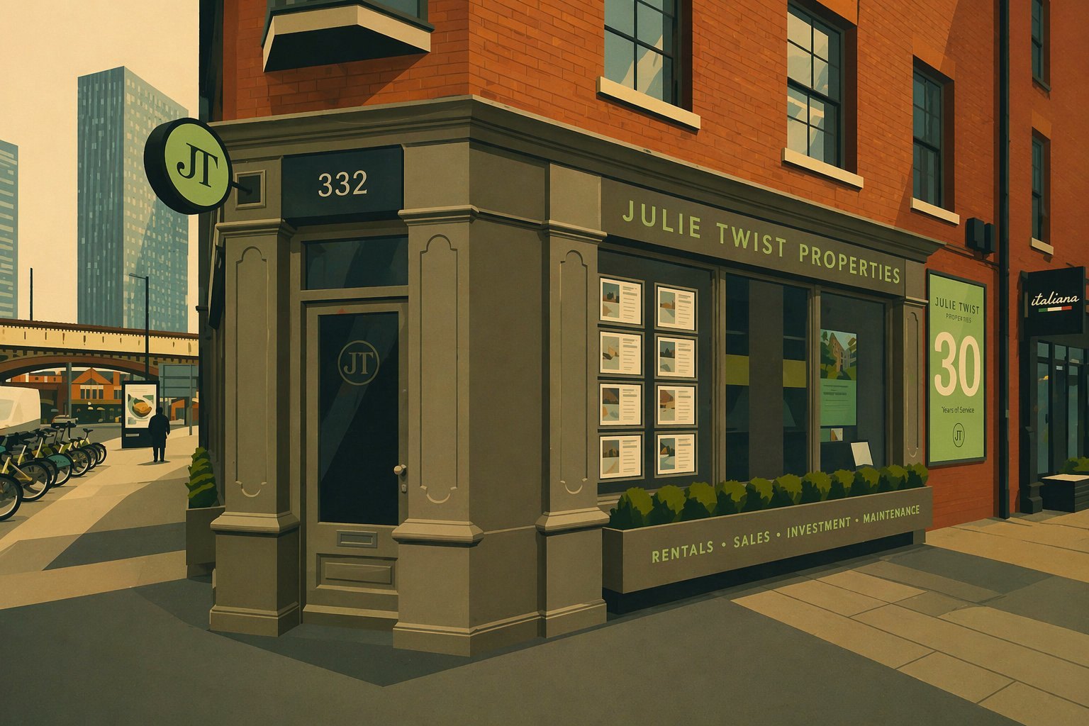 A small estate agent's high-street shopfront, brick building with signs reading 'Julie Twist Properties' and '30 Years of Service'