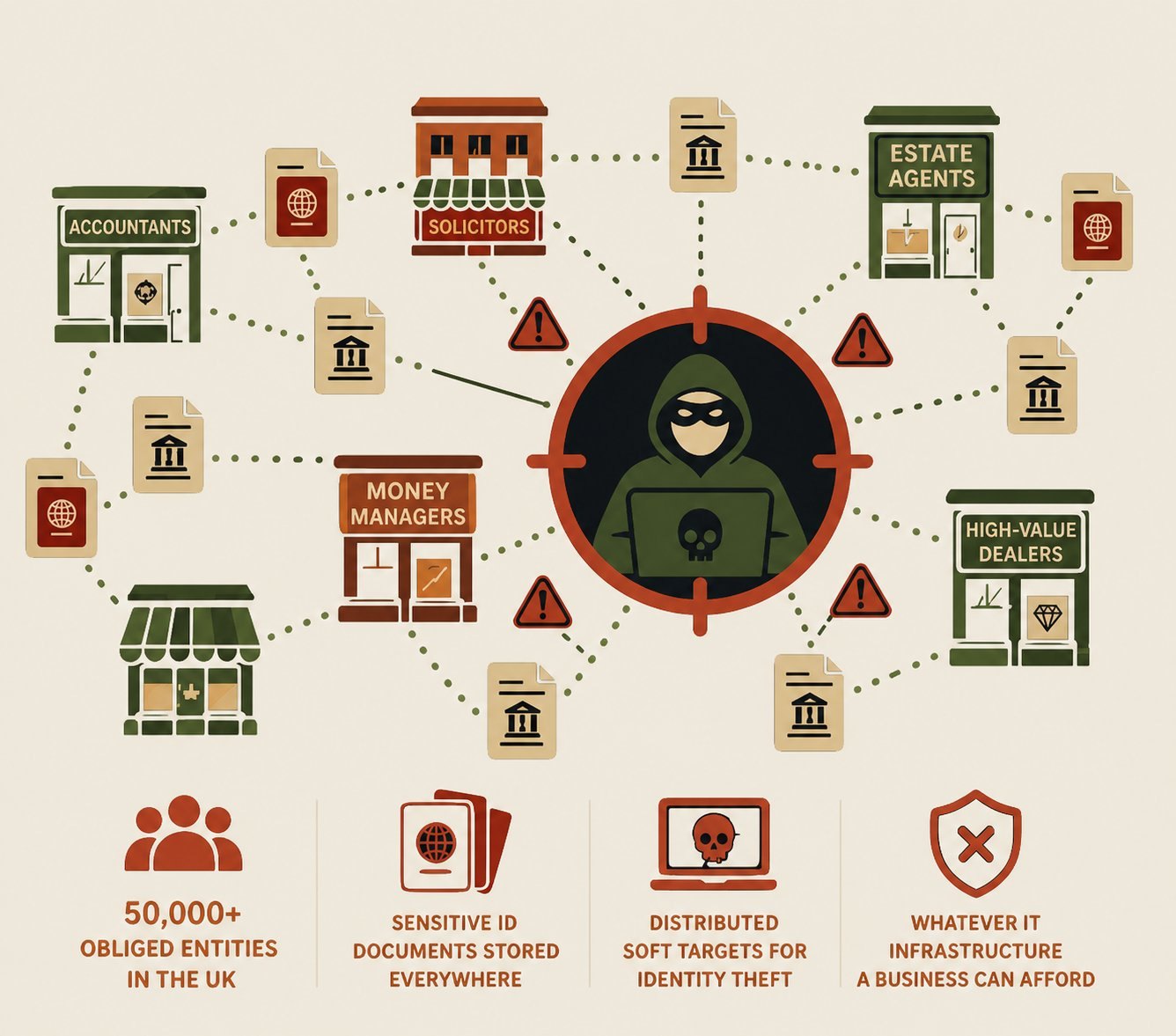 Network diagram of small UK businesses connected by dotted lines, with a hooded hacker in a crosshairs target at the centre, and four labelled stat icons below