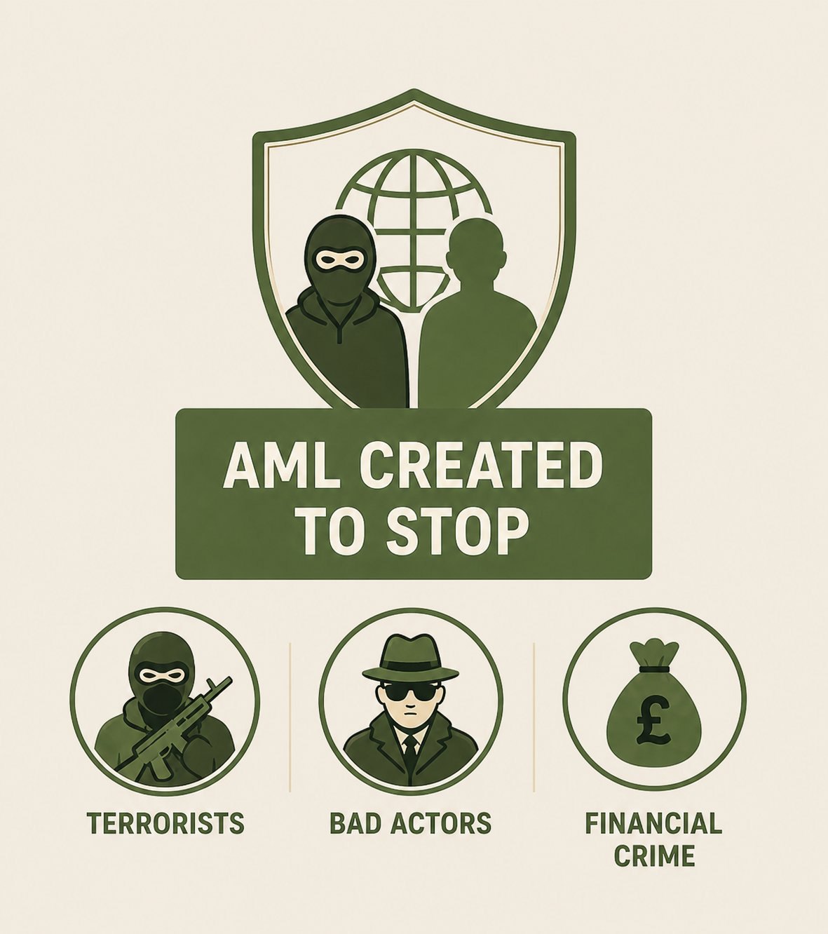 Shield with AML CREATED TO STOP banner above three icon circles labelled terrorists, bad actors, and financial crime