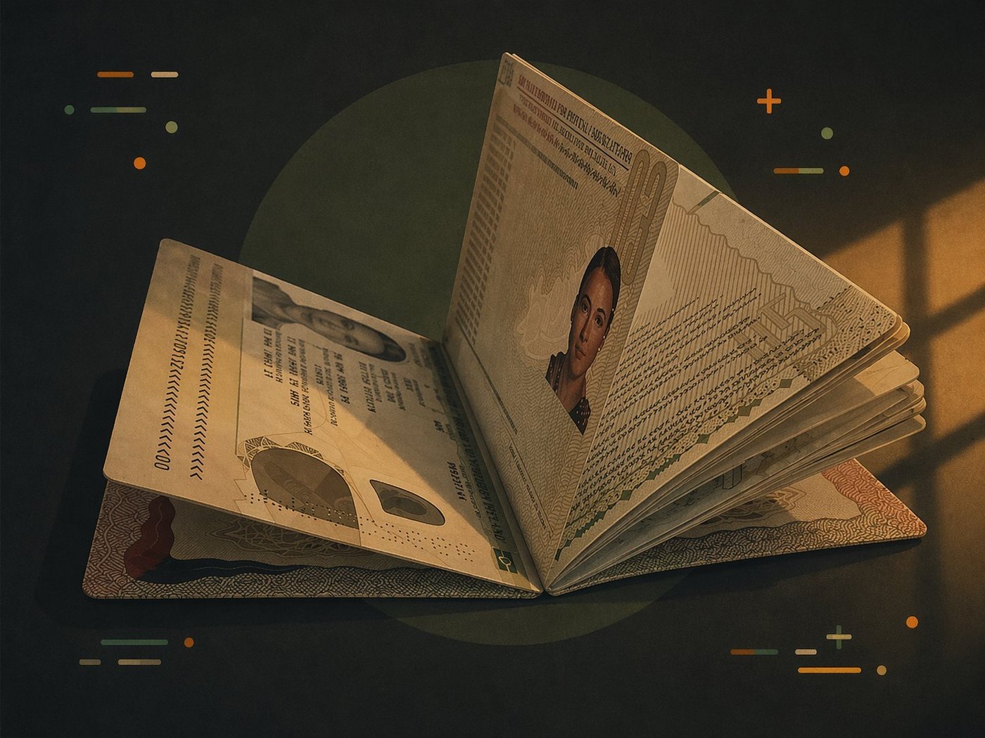An open passport on a dark surface, photo and identity pages exposed
