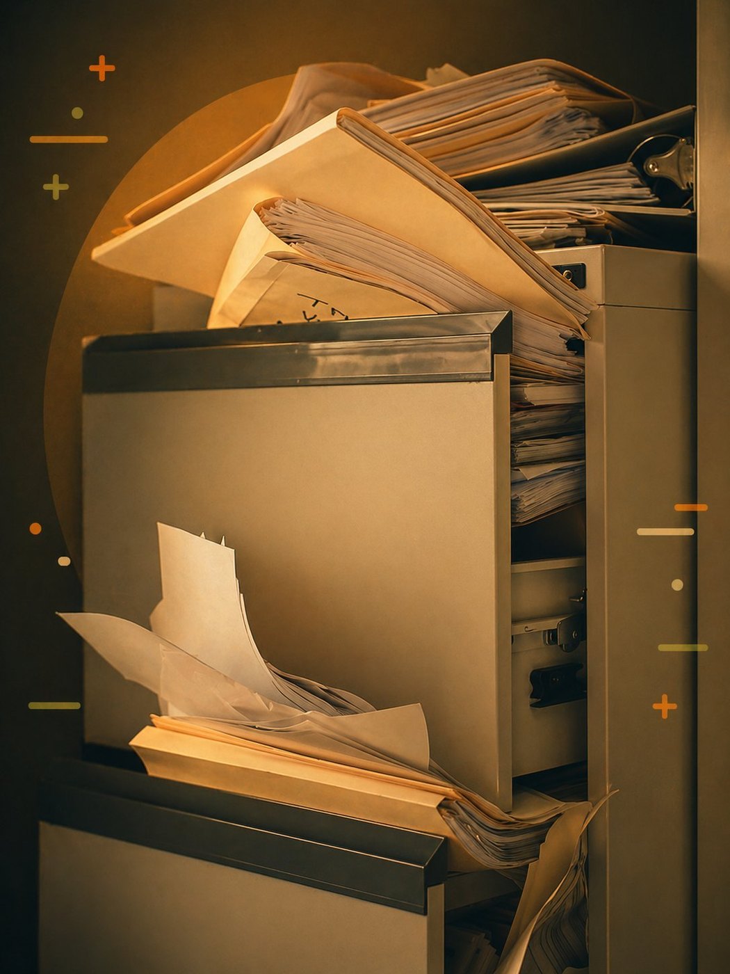 Overstuffed filing cabinet with paper folders spilling out from open drawers