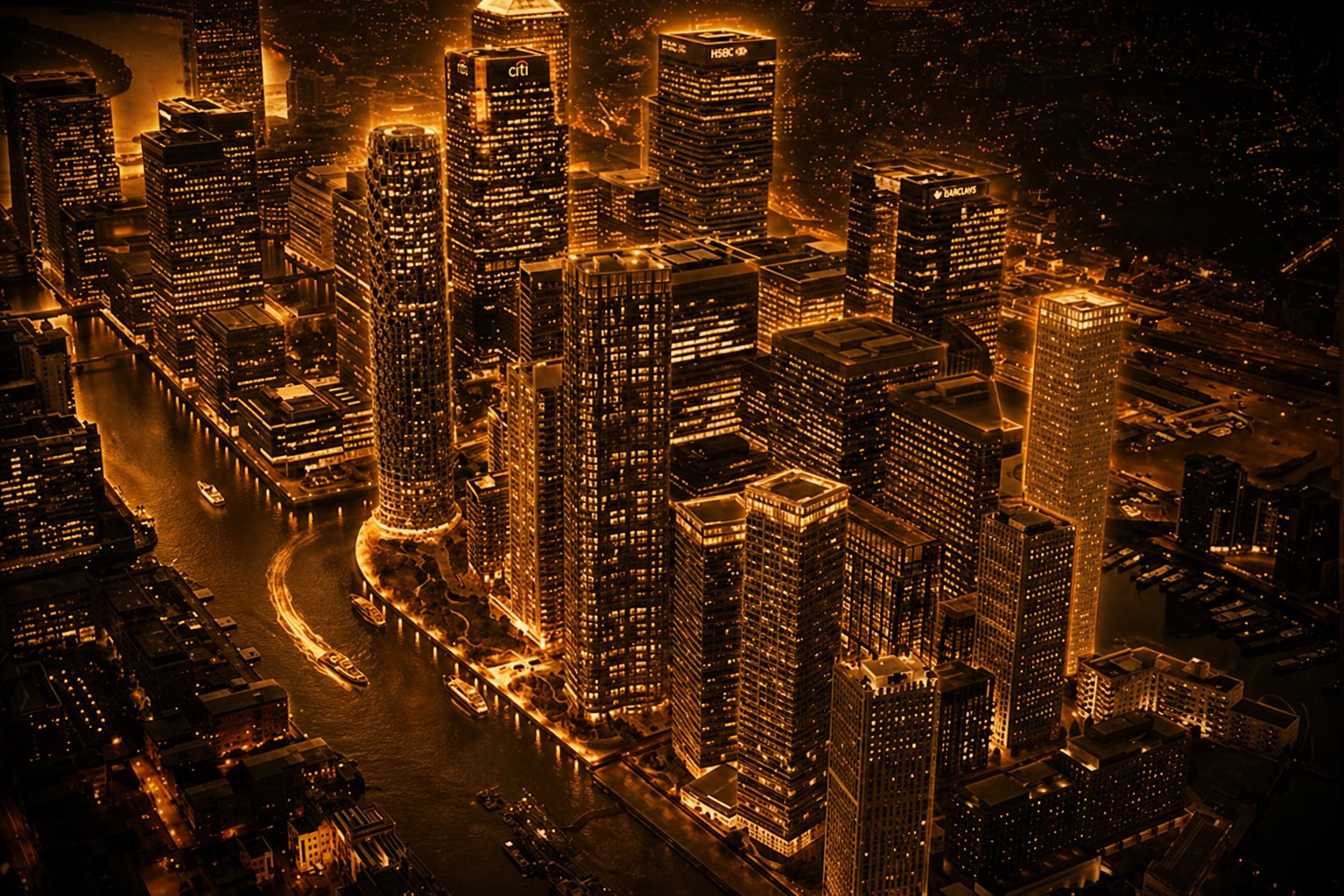 Aerial view of Canary Wharf at night with banking towers (HSBC, Citi, Barclays) lit gold against a black sky