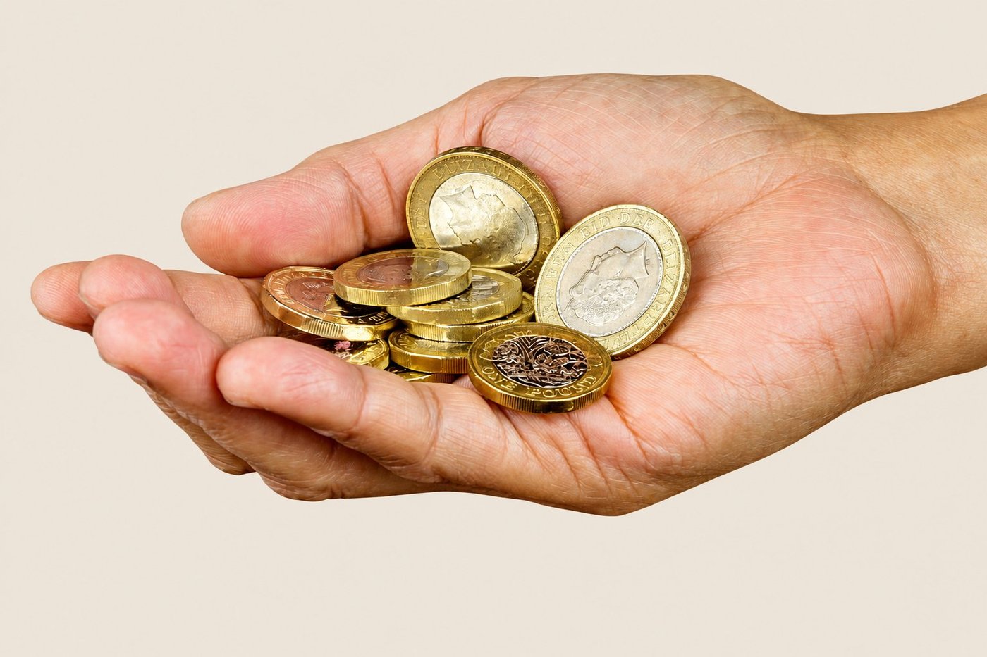 A pair of cupped hands holding a small pile of British pound coins, representing the £2.8 trillion of turnover generated by UK small firms