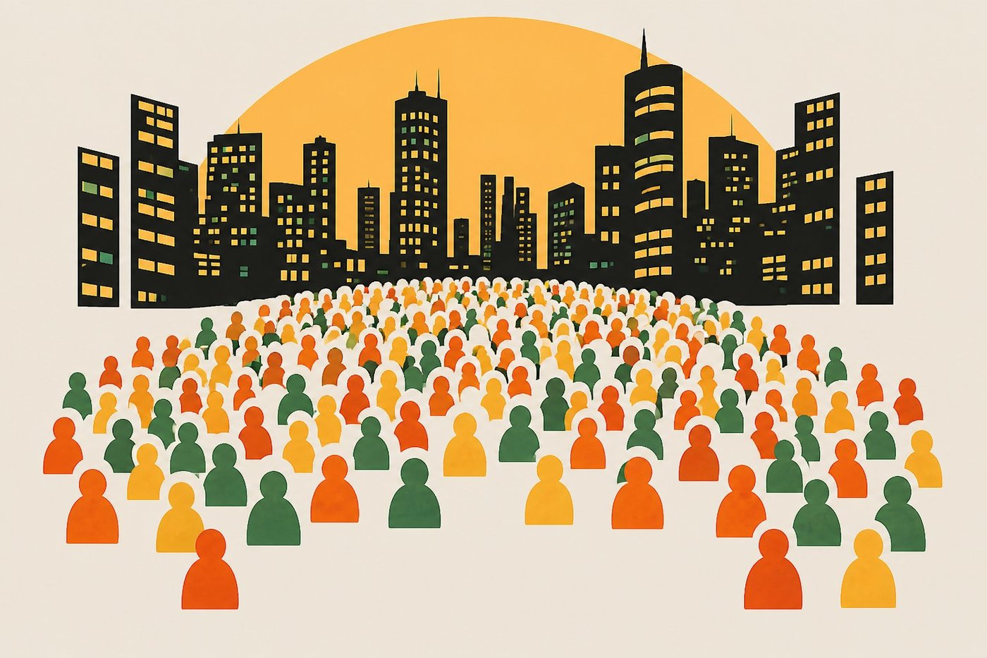 A vast crowd of figures lit by an ochre sunset behind a city skyline, representing the 16.9 million people who work in UK small firms